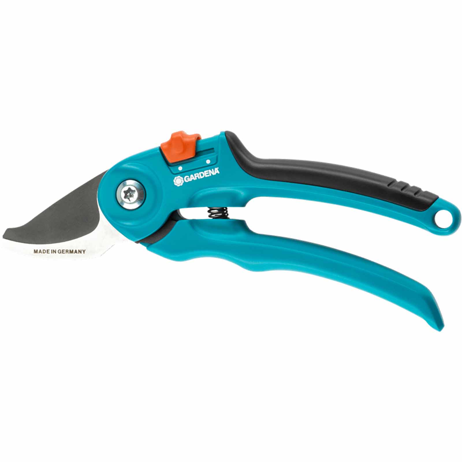 Gardena Supercut B/S bypass secateurs feature a blue and black ergonomic handle, a sharp metal blade, and a safety lock for secure use, designed for precise cutting in gardening tasks.