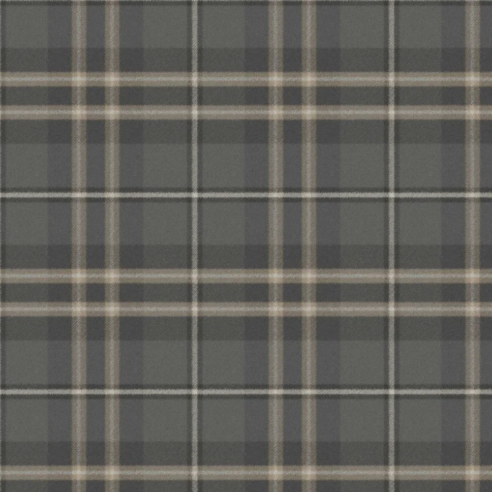 Charcoal wallpaper featuring a woven plaid design with alternating grey and beige lines, creating a textured, sophisticated look suitable for various interiors.