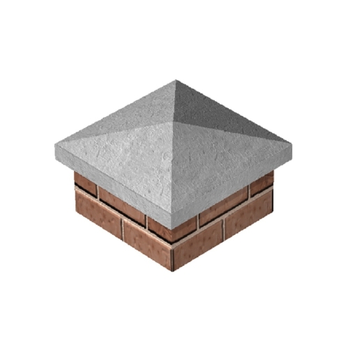 Buff-colored concrete pier cap with a textured surface, featuring a sloped pyramid shape and a brick-patterned base, measuring 460mm x 460mm.