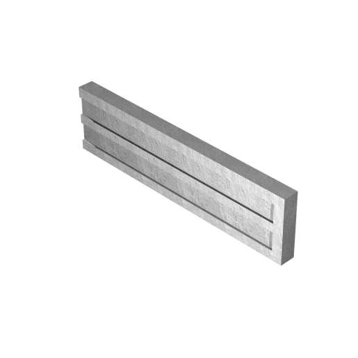 Recessed gravel board in a rectangular shape, measuring 150 x 50 x 1830mm, made of grey concrete with three horizontal grooves for enhanced design.