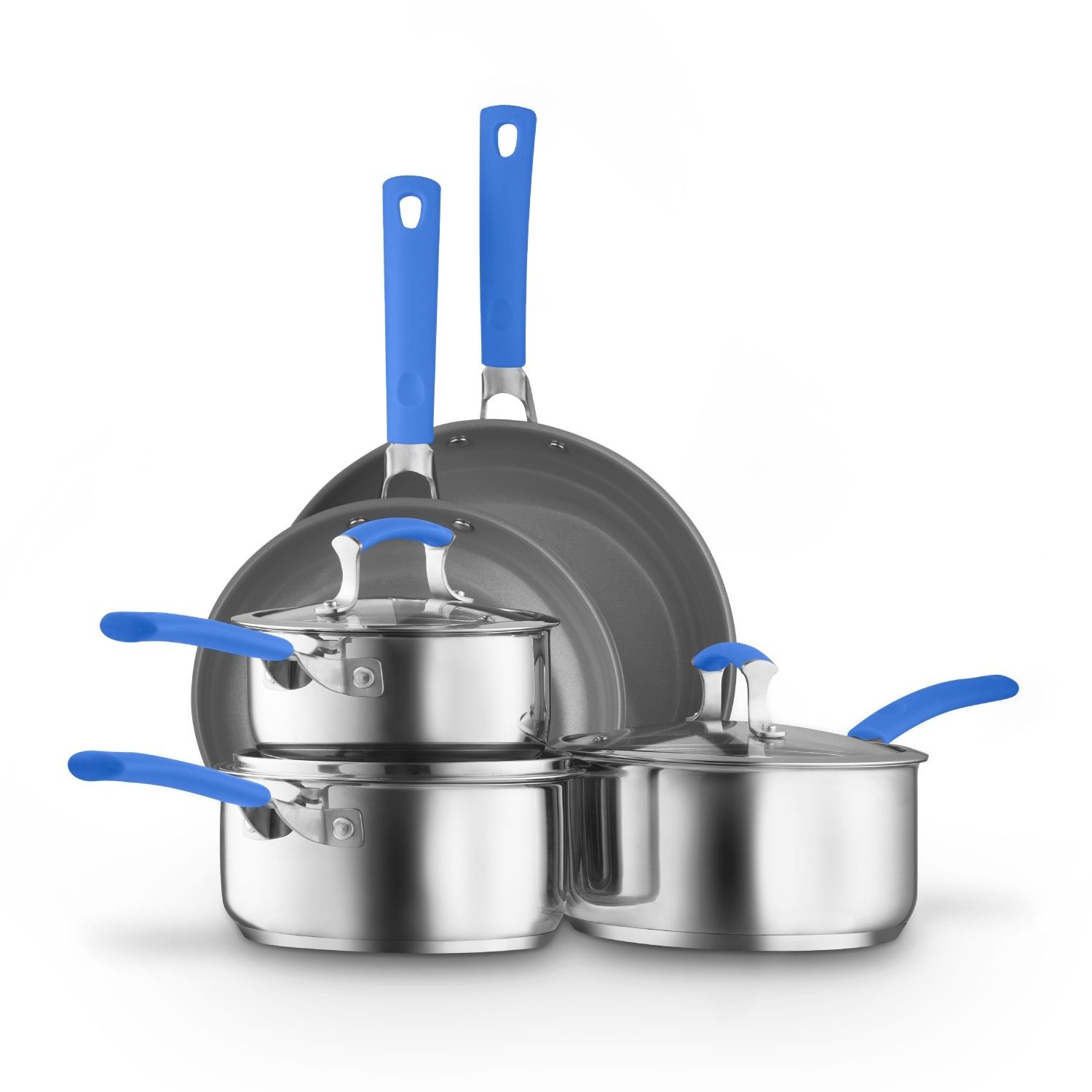 Five-piece cookware set featuring stainless steel pots and pans with blue silicone handles, including two saucepans, a stockpot, and a frying pan.