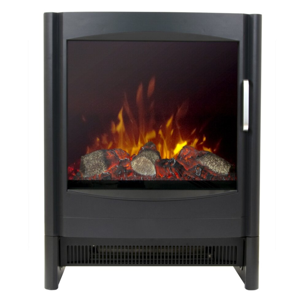 Black electric stove with a glass front displaying realistic flame effects, featuring a sleek design and a silver handle, ideal for modern home decor.