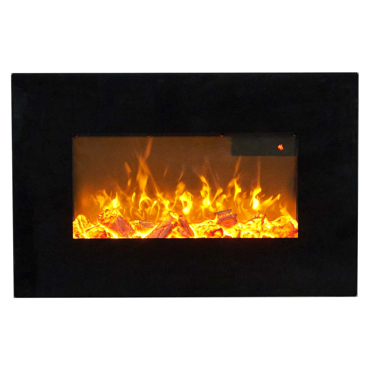 Black electric wall-mounted fireplace featuring a 26-inch glass front, realistic flame effect, and remote control for easy operation.