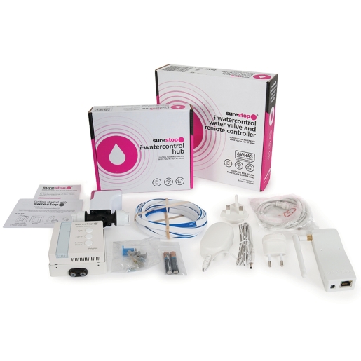 Surestop Stopcock Valve Smart Control Hub and Leak Detector in white and pink packaging, includes a control hub, valve, cables, and accessories for water management.