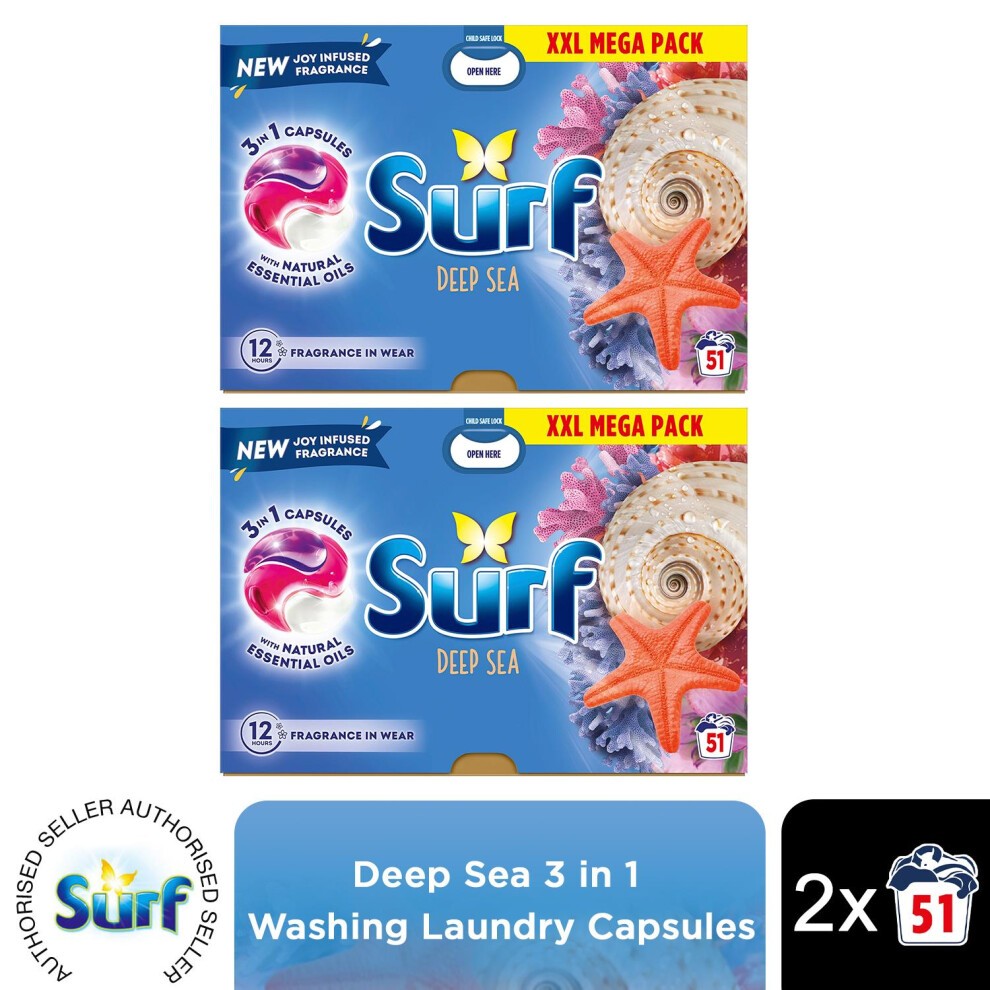 Surf Deep Sea 3 in 1 Laundry Washing Detergent Capsules pack, featuring vibrant blue packaging with seashell graphics, offering 102 washes and infused with essential oils.