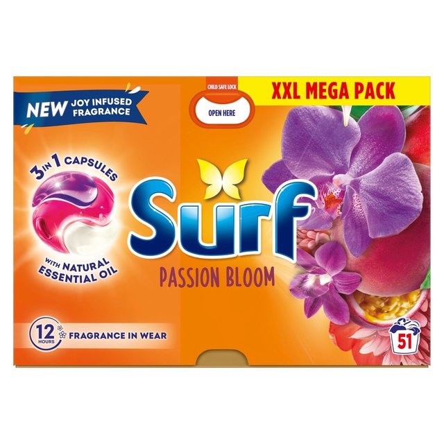 Bright orange packaging featuring the Surf logo and "Passion Bloom" label, with a vibrant floral design, indicating 3 in 1 laundry detergent capsules for 102 washes.