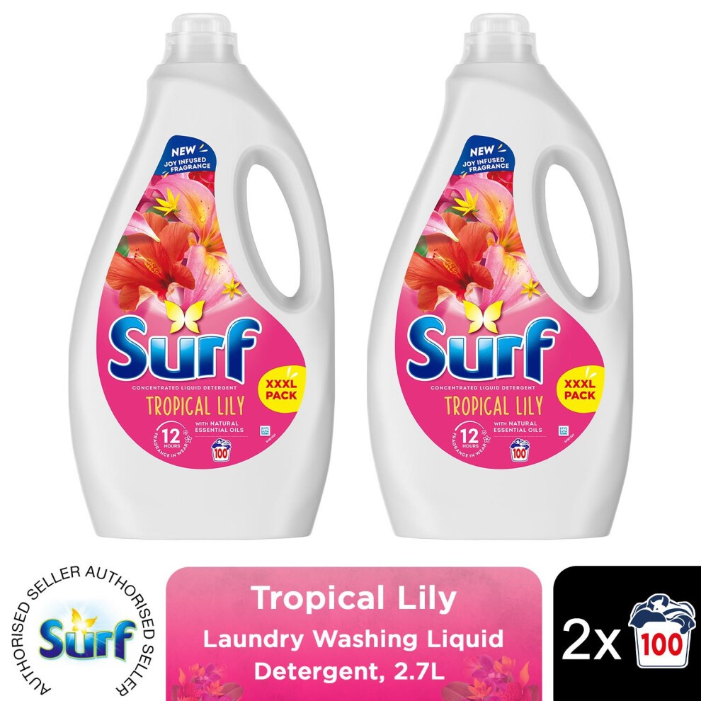 Two white plastic bottles of Surf XXXL Laundry Detergent in Tropical Lily scent, each 2.7L, featuring vibrant floral graphics and a pink label, labeled as a 2-pack.