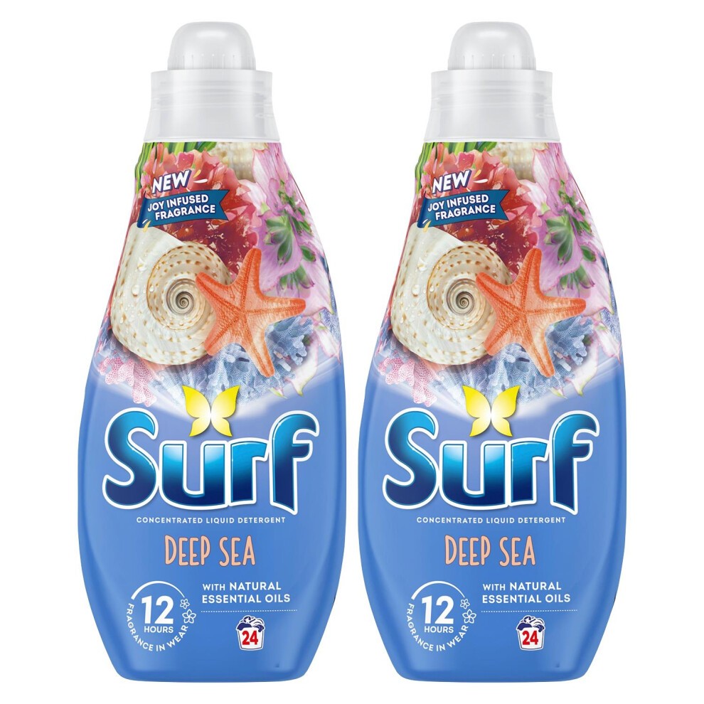 Two bottles of Surf Laundry Detergent in Deep Sea scent, each 1.30 liters, featuring a vibrant blue design with floral and marine imagery, and a starfish on the label.