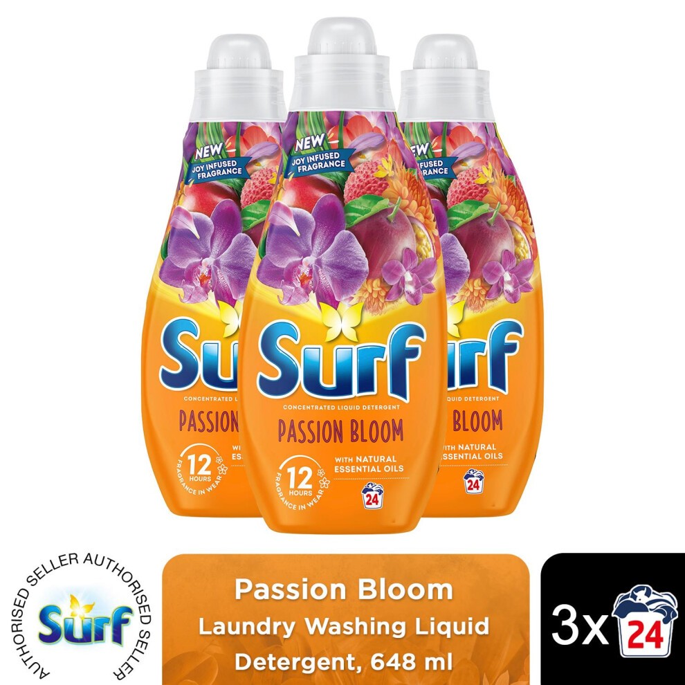 Bright orange bottles of Surf Laundry Washing Liquid Detergent in Passion Bloom scent, featuring floral designs, 2.6L size, and labeled for 96 washes with essential oils.