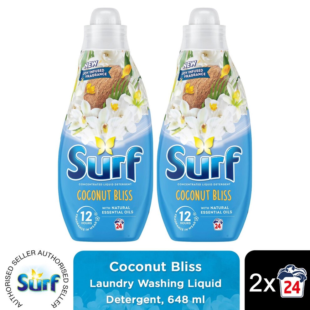 Two bottles of Surf Laundry Washing Liquid Detergent in Coconut Bliss scent, each 648 ml, featuring a blue and white design with floral accents and a prominent Surf logo.