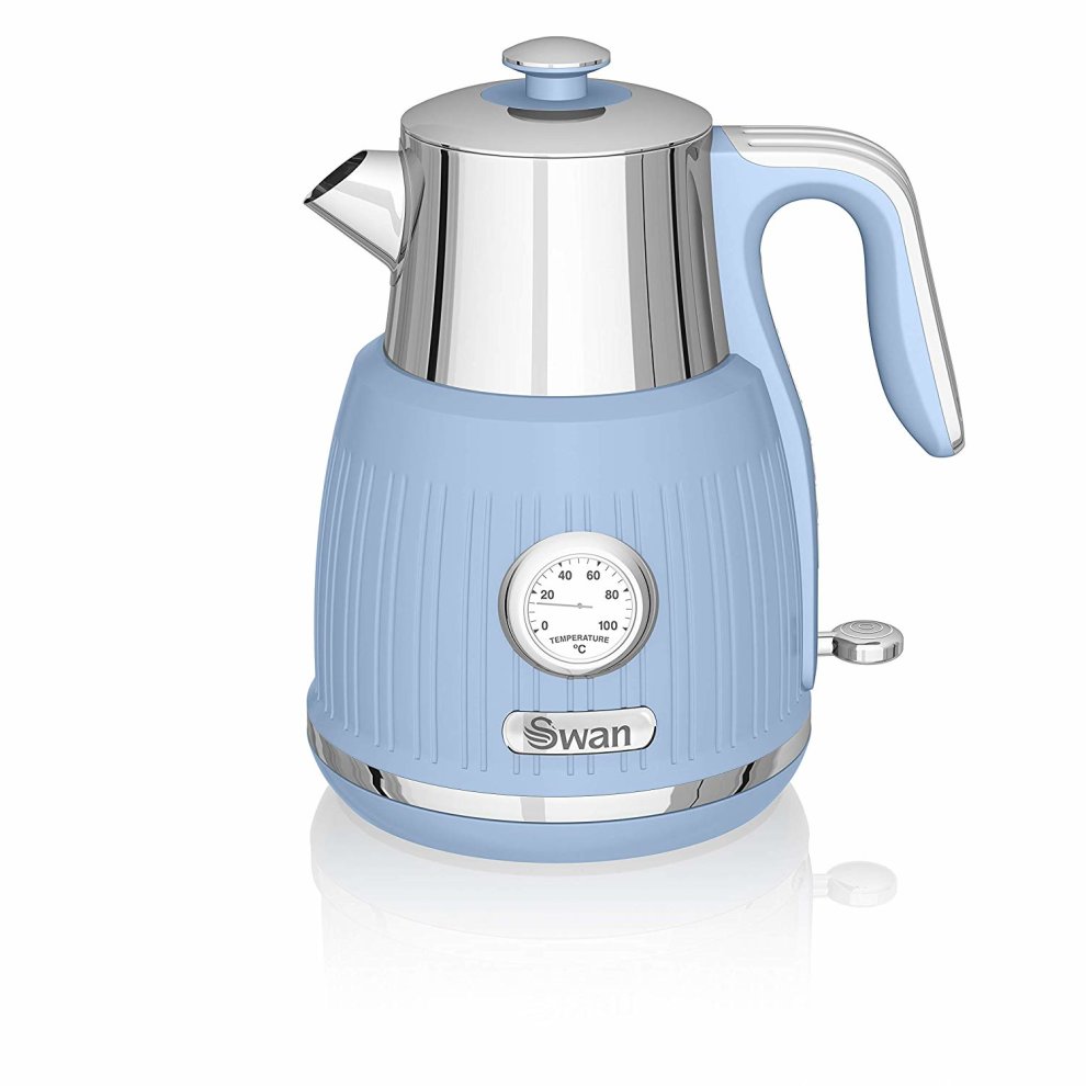 Light blue kettle with a stainless steel spout and handle, featuring a temperature gauge on the front and a ribbed design, branded with the Swan logo.