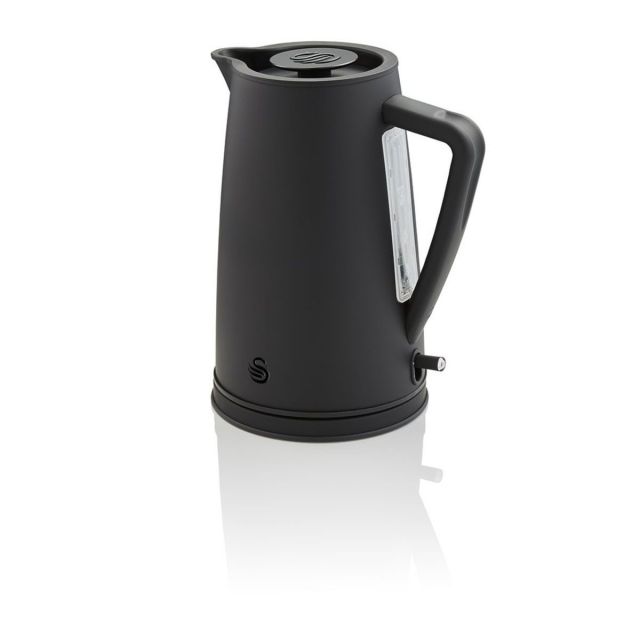 Swan 1.7L Stealth Jug Kettle in matte black, featuring a sleek design, a transparent water level indicator, and a stainless steel base with a power switch.