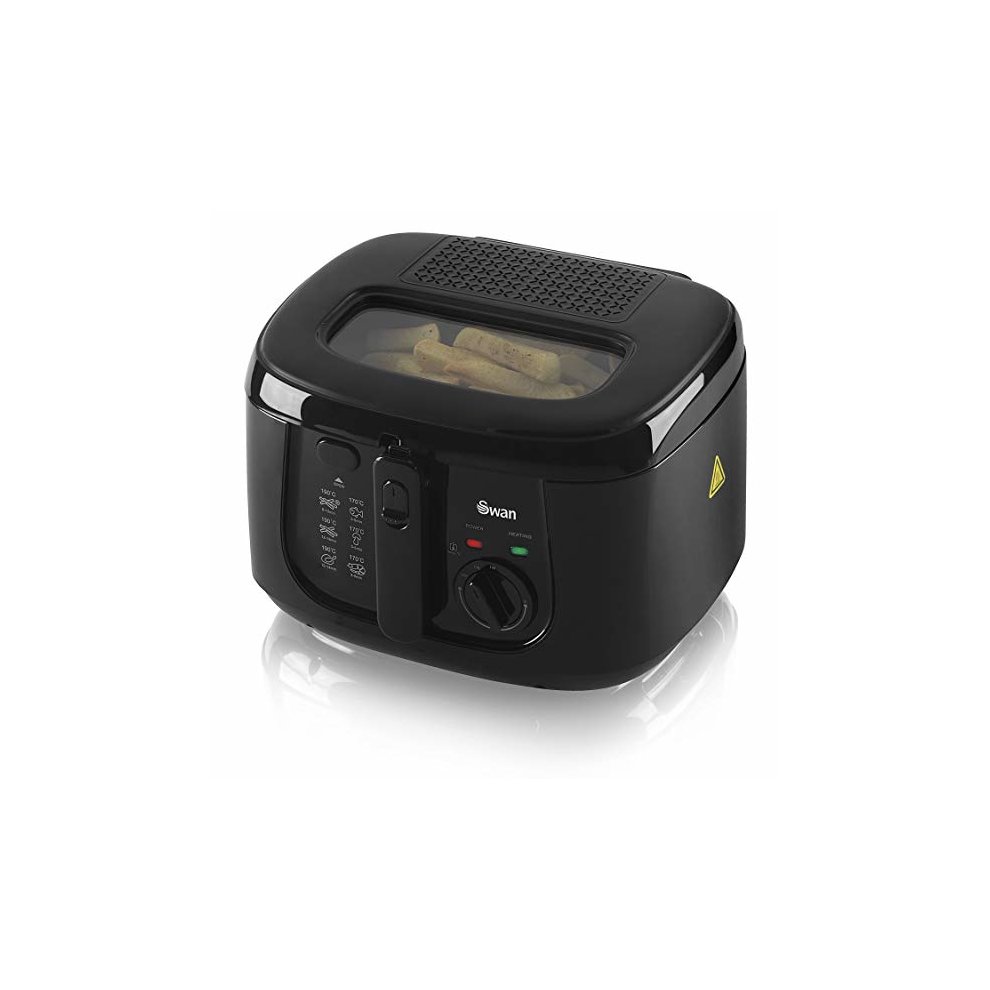 Black 2.5-litre square fryer with a transparent lid, adjustable temperature dial, indicator lights, and a textured top surface for easy handling.