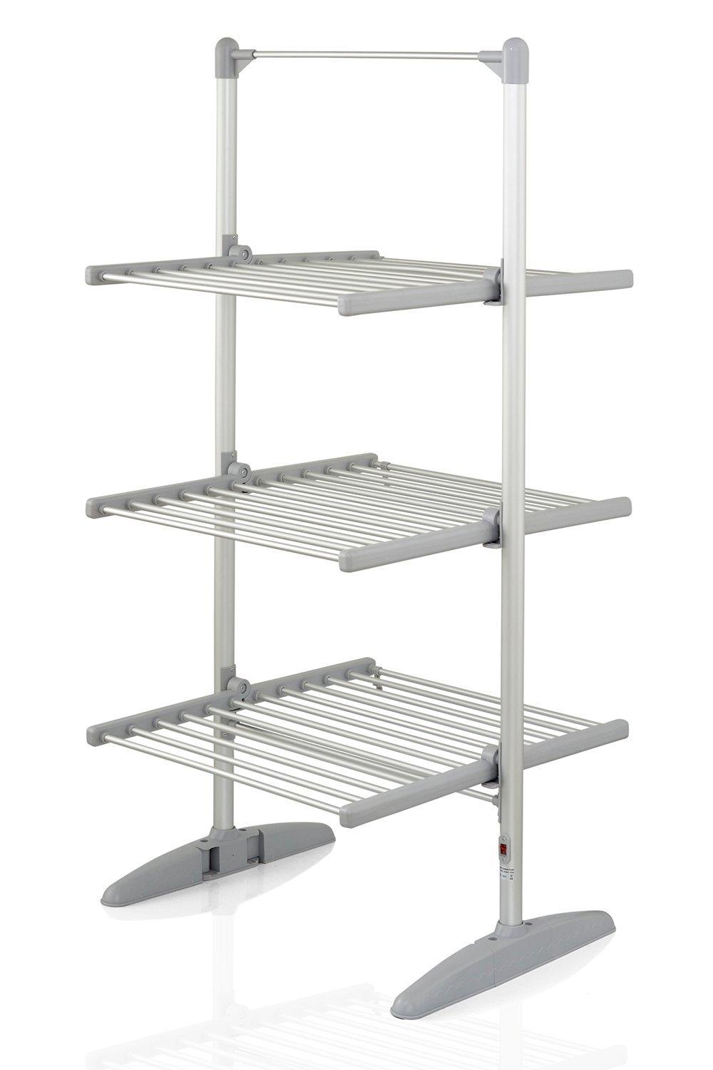 Three-tier heated clothes airer in silver and gray, featuring metal drying racks with a sturdy base, designed for efficient indoor drying of garments.