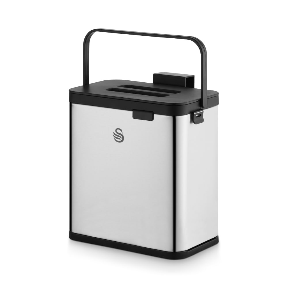 Stainless steel compost caddy with a sleek silver finish, black lid, and handle, featuring a top opening for easy access and a modern design.