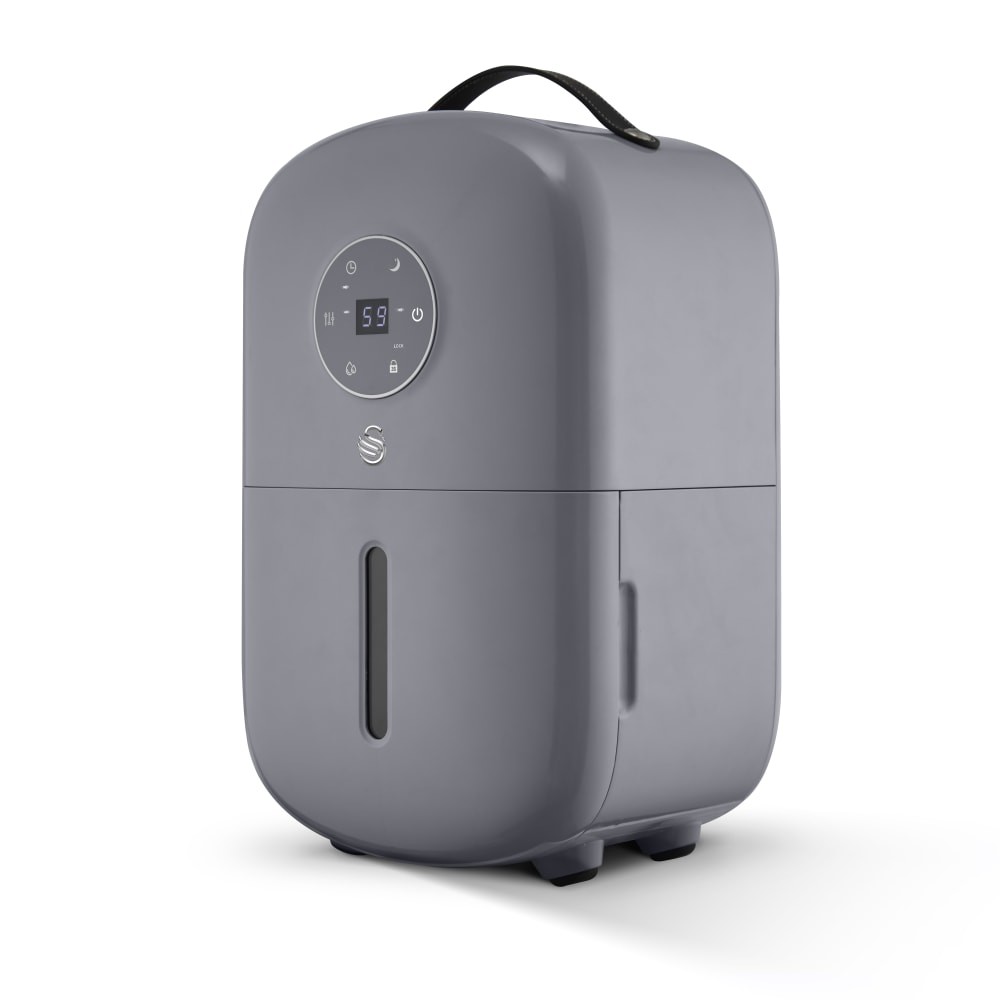 Swan 5 Litre Retro Style Dehumidifier in sleek grey with a rounded design, digital display, control buttons, and a convenient carry handle.
