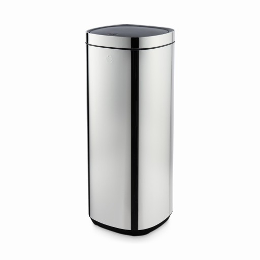 Swan 50L Touch Bin in sleek stainless steel with a black touch-top lid, featuring a modern cylindrical design and a polished finish for a contemporary look.
