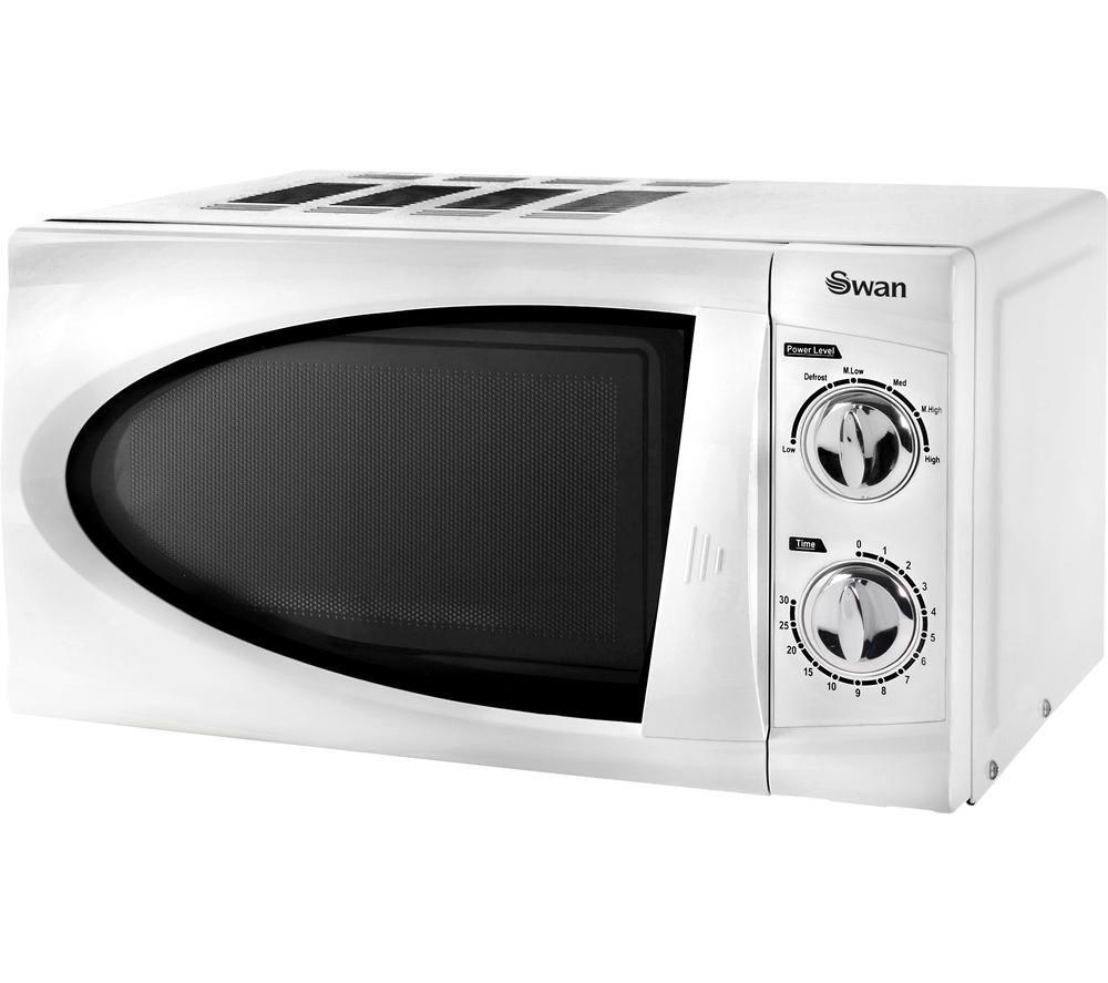 Swan 800W solo manual microwave in white, featuring a 20L capacity, a sleek design, a curved door, and two large dials for power and timer settings.