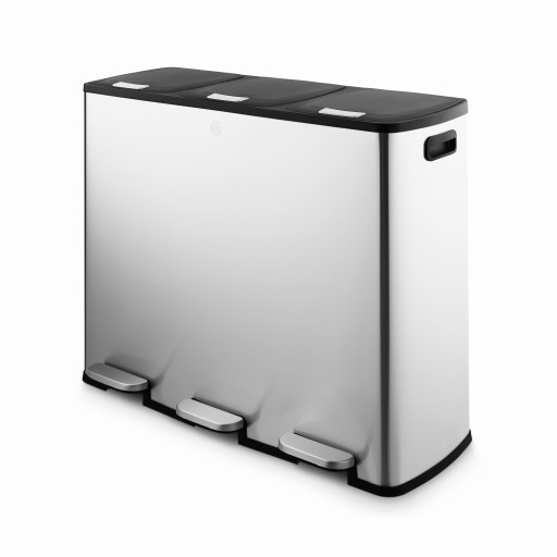 Swan 90L recycling bin with three compartments, each 30L, featuring a sleek silver body, black lid, and foot pedals for hands-free operation.