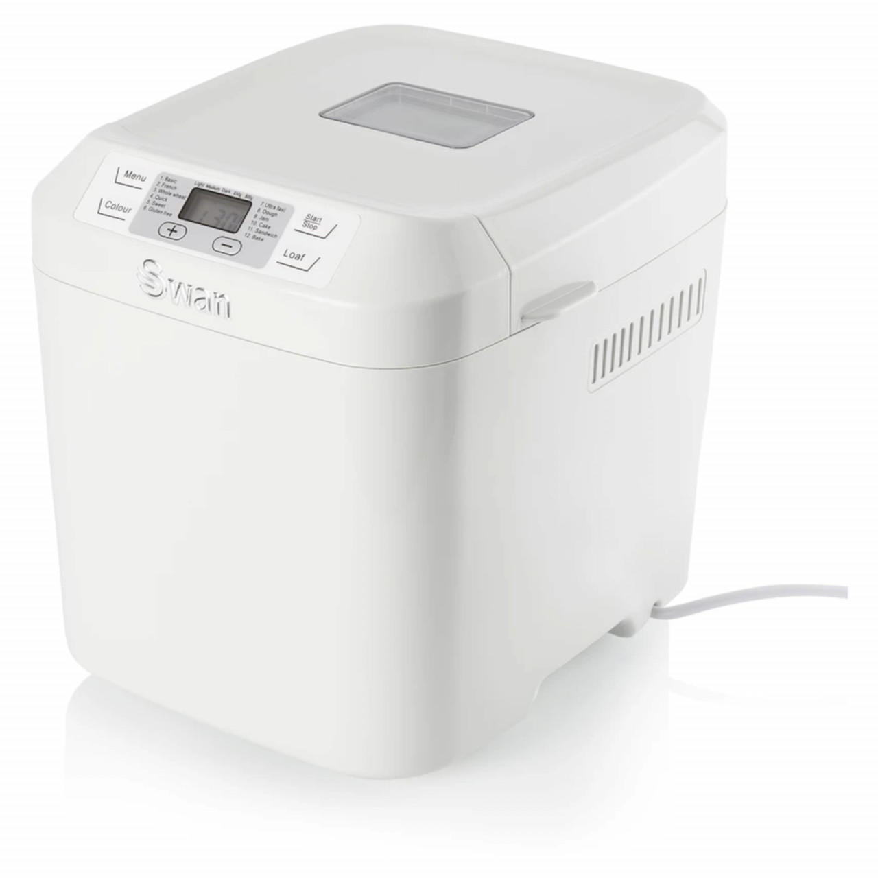 White Swan Bread Maker featuring a digital control panel, a viewing window on top, and a compact design with ventilation slots on the side.