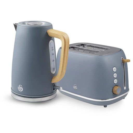 Swan Fjord bundle featuring a 1.7L light blue jug kettle with a wooden handle and a matching two-slice toaster with silver accents and control buttons.