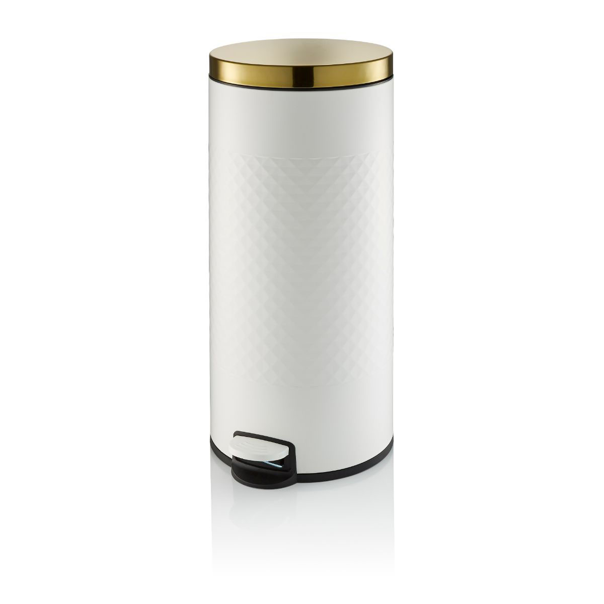 White 30L pedal bin with a textured diamond pattern, a gold lid, and a black base, featuring a foot pedal for easy opening.