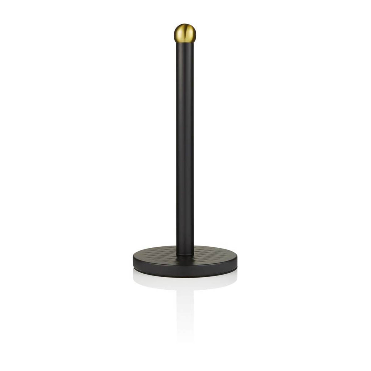 Swan Gatsby Towel Pole features a sleek black metal design with a round base and a gold finial, adding a modern touch to any bathroom decor.