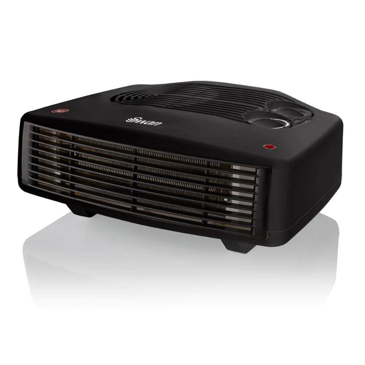 Black Swan Horizontal 3000W fan heater with a sleek design, featuring a front grille, control buttons, and indicator lights for easy operation.
