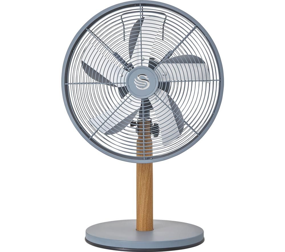 Swan Nordic 12-inch desk fan features a sleek grey metal frame, wooden stand, and five grey blades, combining modern design with functionality for stylish cooling.