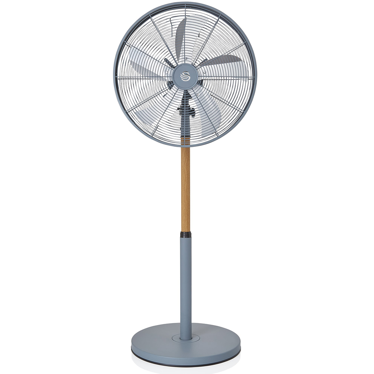 Swan Nordic 16-inch stand fan features a sleek grey metal frame with a wooden accent pole and a circular base, designed for stylish cooling in modern interiors.