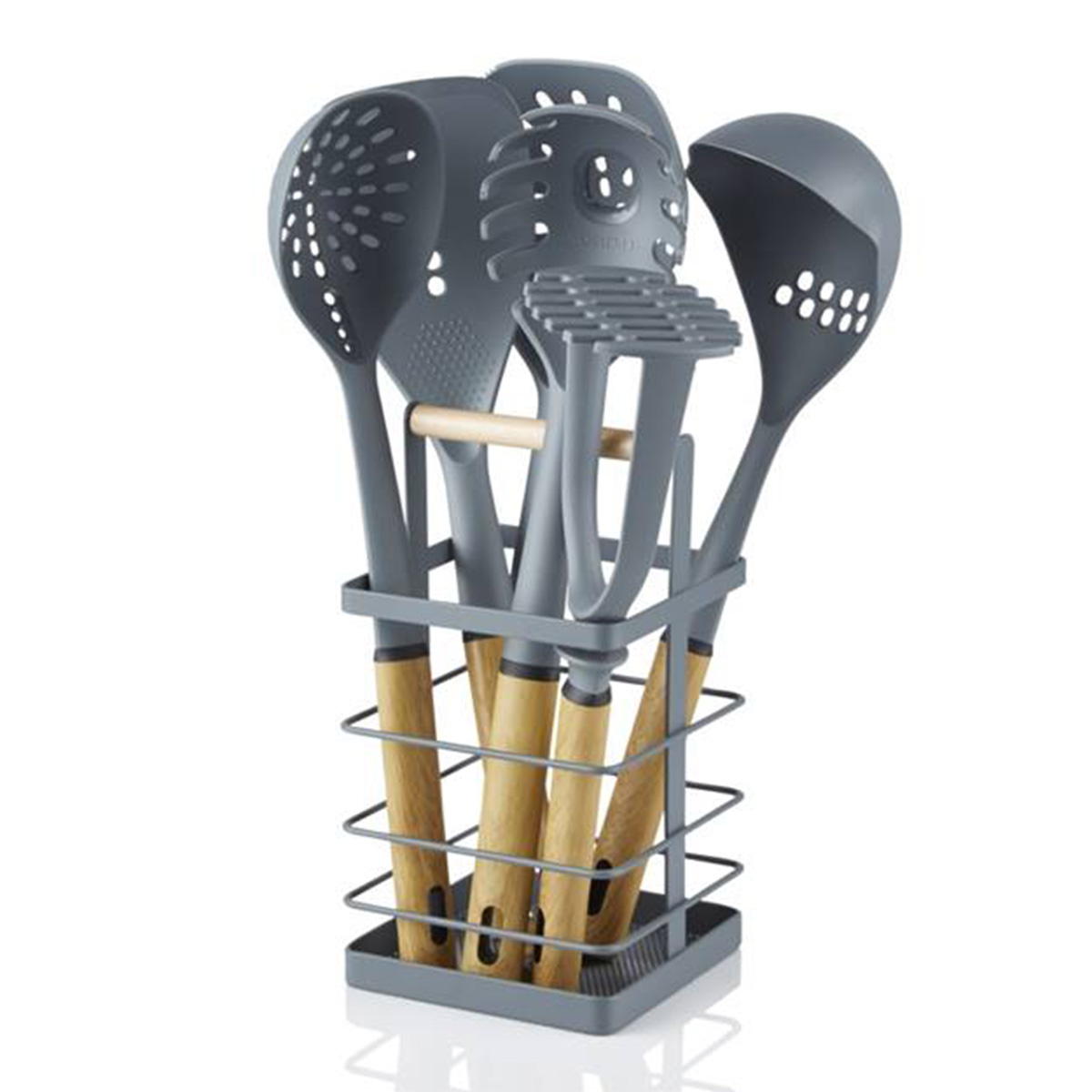 Grey Swan Nordic 6-piece utensil set featuring silicone cooking tools with bamboo handles, neatly arranged in a wire holder.