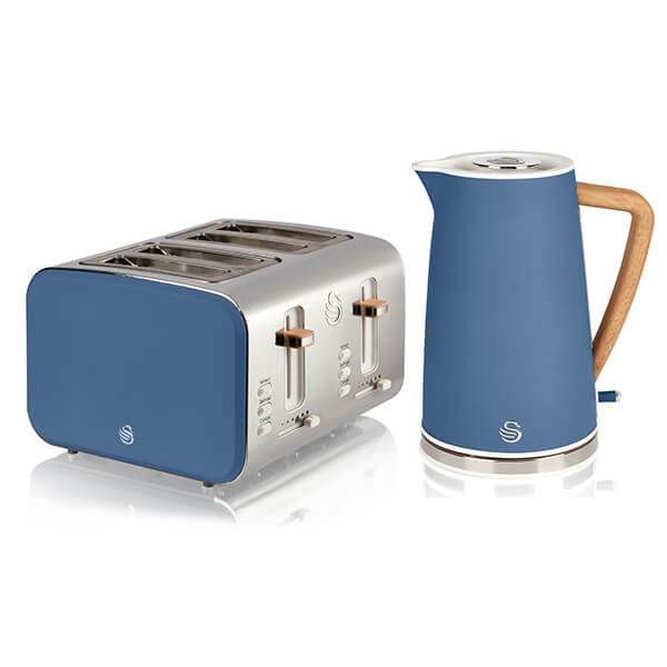 Nordic blue cordless kettle with a wooden handle alongside a matching four-slice toaster, both featuring a sleek, modern design with stainless steel accents.