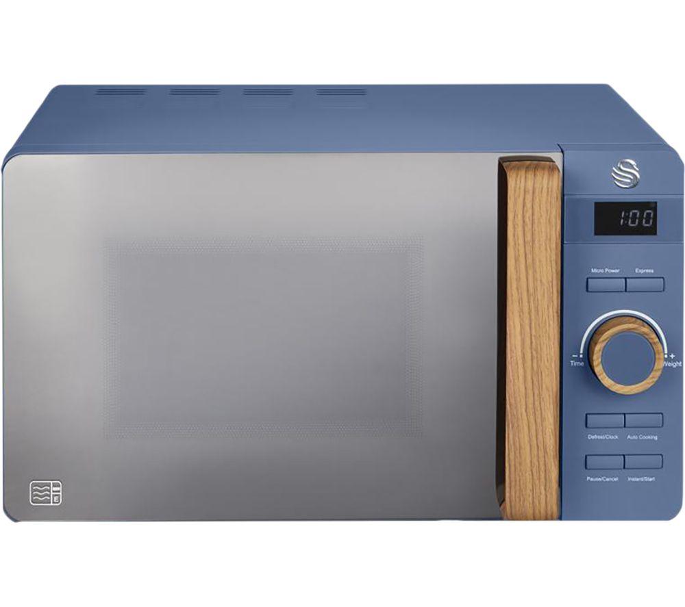 Swan Nordic Digital Microwave 20L in a sleek blue finish with a stainless steel door, wooden accents, digital display, and control knob for easy operation.