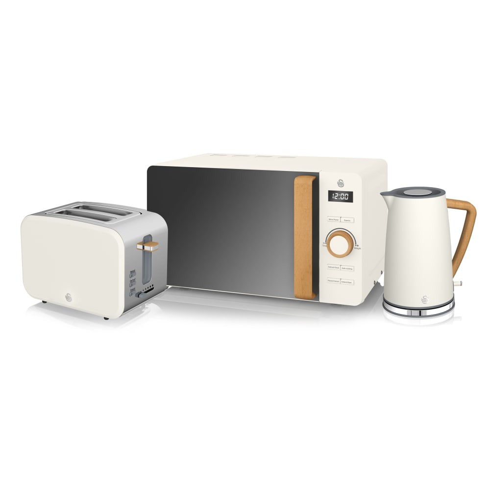 Nordic grey kitchen bundle featuring a 2-slice toaster, kettle with wooden handle, and a microwave with a sleek metallic finish and digital display.