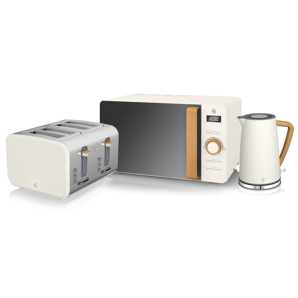 Nordic green 4-slice toaster, kettle, and microwave bundle by Swan, featuring a sleek design with wood accents and a minimalist aesthetic.