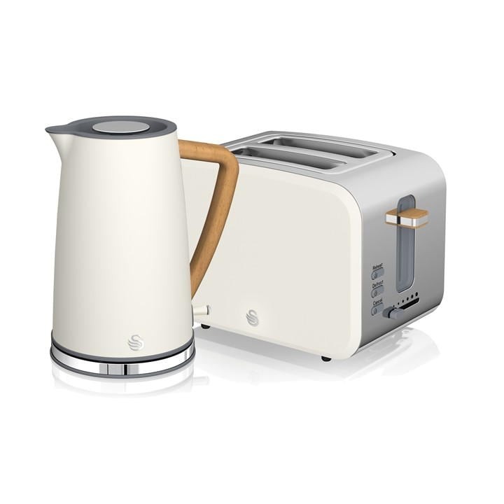 White Nordic 2-slice toaster with a silver base and wooden accents, paired with a cordless kettle featuring a curved design and matching wooden handle.