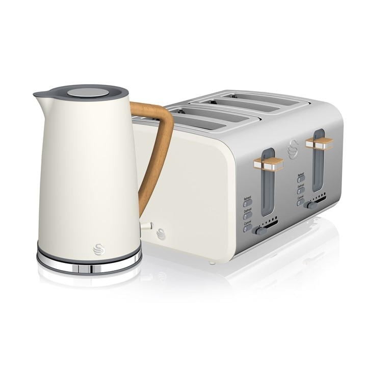 Cream-colored Nordic 4-slice toaster with silver accents and a sleek design, paired with a matching cordless kettle featuring a wooden handle.