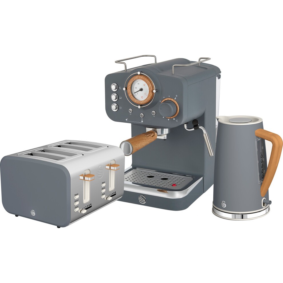 Nordic kitchen appliance bundle in grey featuring a 4-slice toaster, cordless kettle with wooden handle, and coffee machine with a retro design and analog gauge.