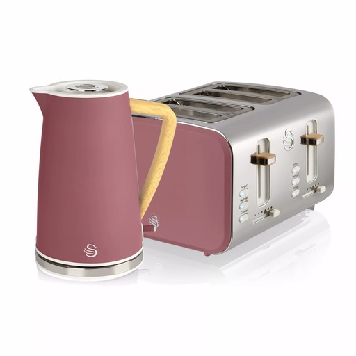 Nordic-style toaster and cordless kettle set in a soft pink hue with stainless steel accents, featuring a wooden handle and four slicing slots on the toaster.