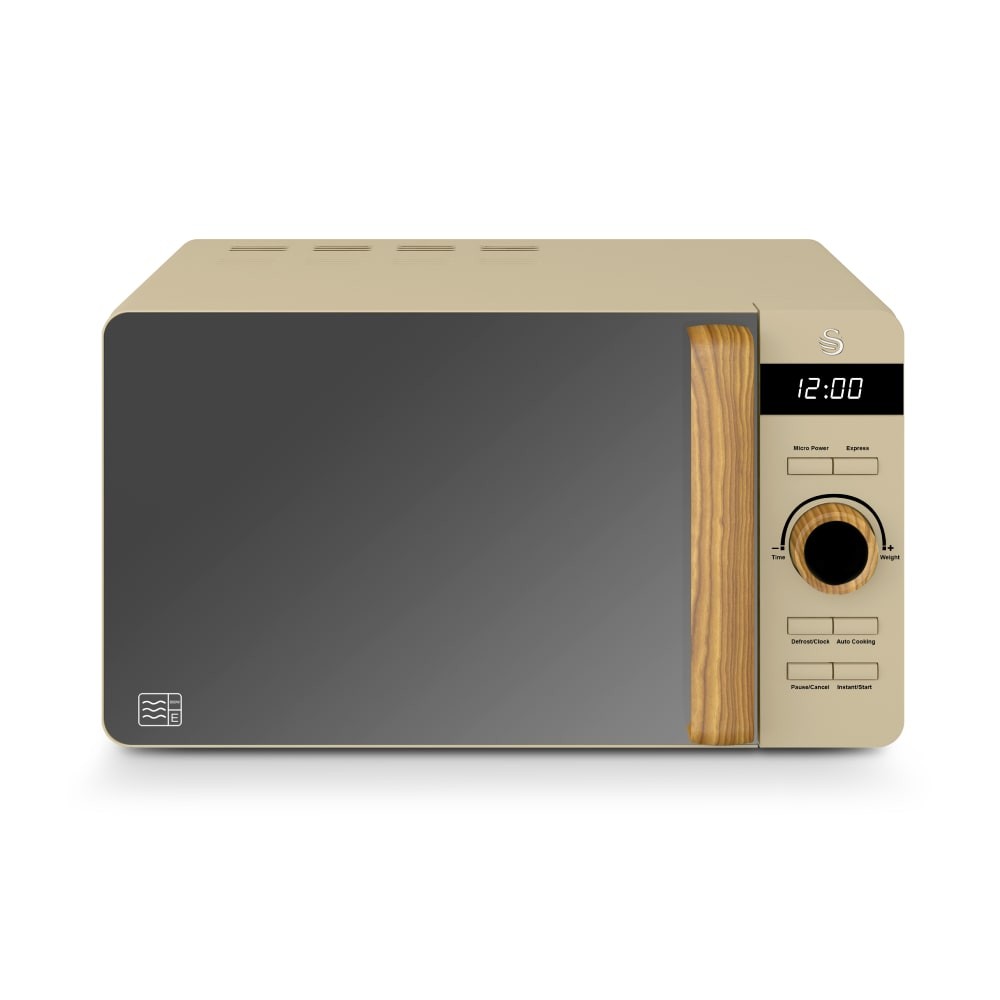 Swan Nordic Digital Microwave 20L features a beige exterior with a wooden handle, a sleek mirrored door, and a digital display with control buttons on the right side.