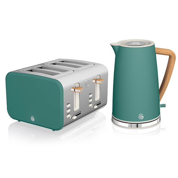 Pine green cordless kettle with a wooden handle and a matching four-slice toaster, both featuring a sleek, modern design and stainless steel accents.