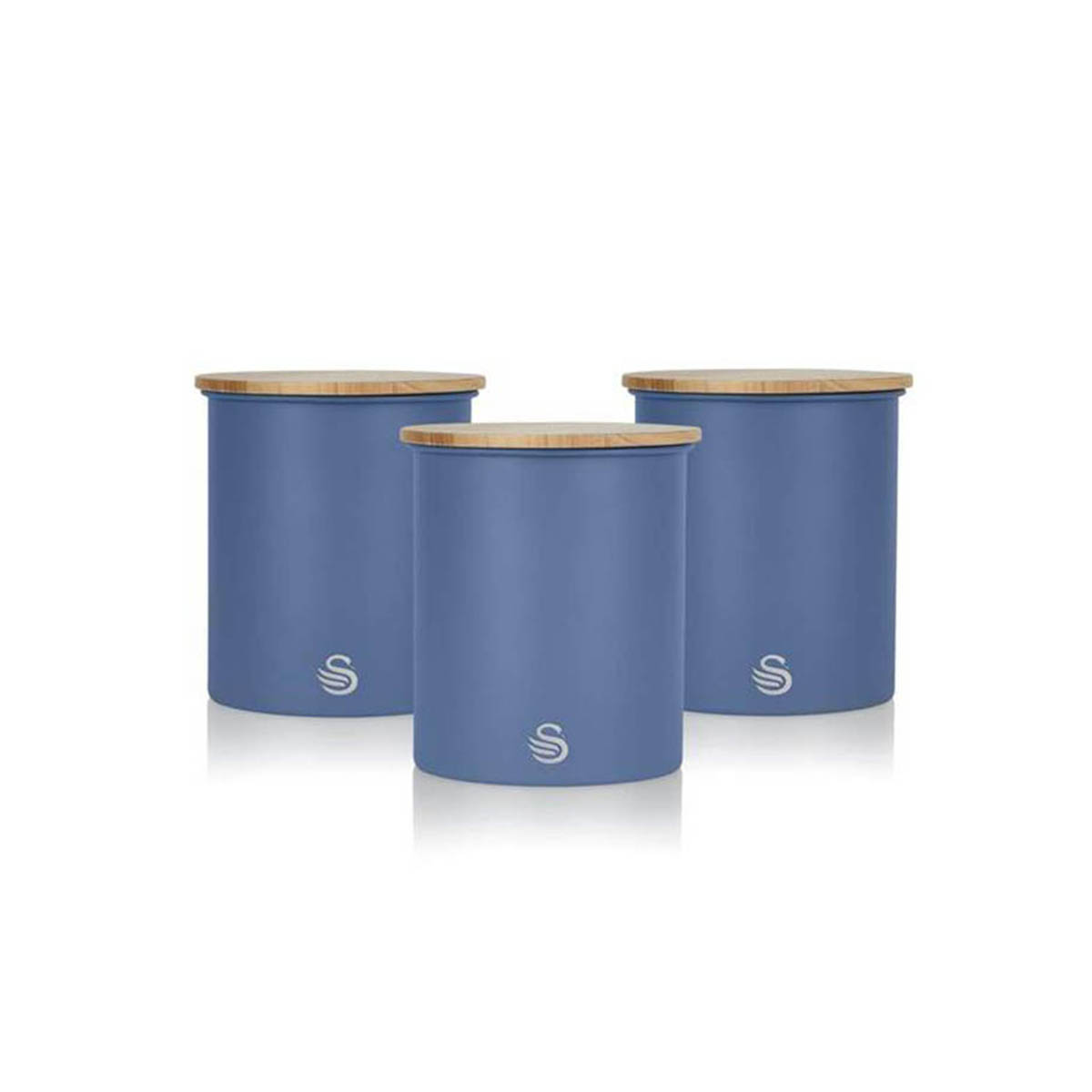 Set of three round storage canisters in soft blue with bamboo lids and a subtle Swan logo on the front, perfect for organizing kitchen essentials.