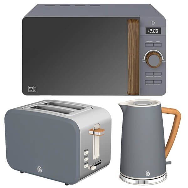 Swan Nordic Slate Grey kitchen set featuring a 1.7L kettle with wooden handle, a 2-slice toaster, and a 20L digital microwave with a sleek slate finish.