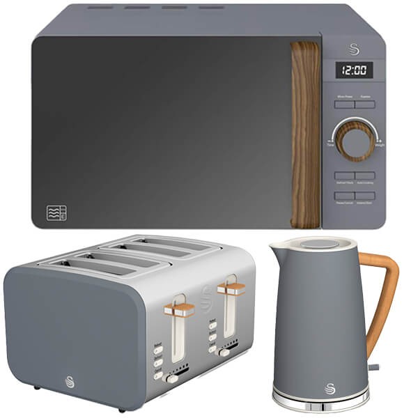 Swan Nordic kitchen set in slate grey includes a 1.7L kettle with a wooden handle, a 4-slice toaster, and a 20L digital microwave with a sleek design and wood accents.