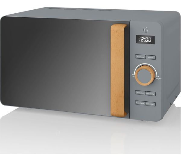 Swan 20L Nordic Digital Microwave in grey with a sleek design, wooden handle, digital display, and control dial for easy operation.
