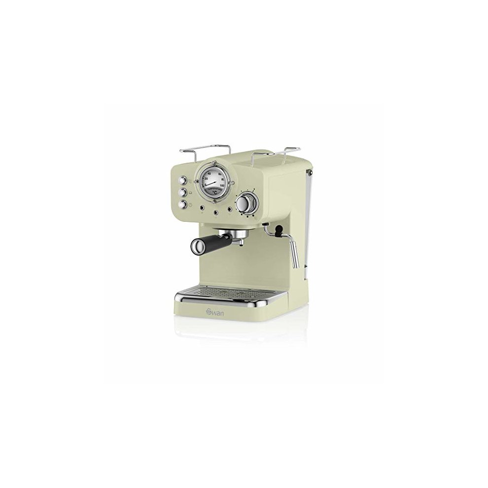 Swan Pump Espresso Coffee Machine in pastel green with a chrome finish, featuring a pressure gauge, steam wand, and a textured base for stability.