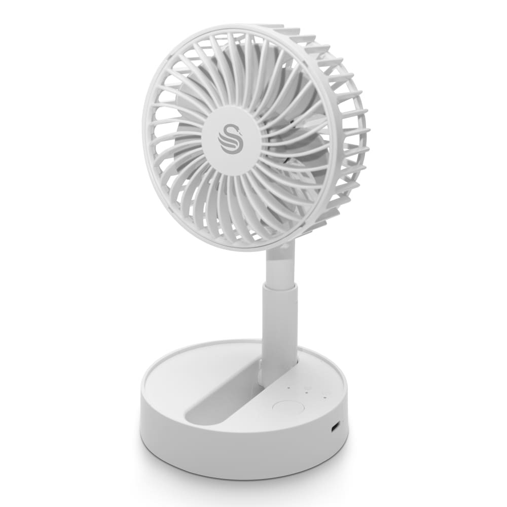 White Swan rechargeable desk fan with a circular base, adjustable head, and a sleek, modern design featuring a prominent logo on the front.