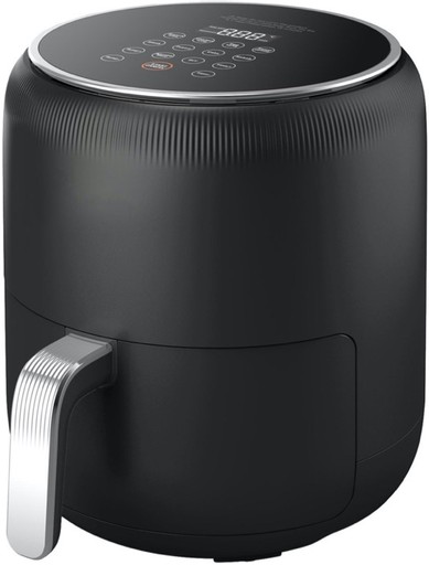 Swan Retro 4.5 Litre Air Fryer in sleek black with a rounded design, digital control panel on top, and a silver handle for easy access.