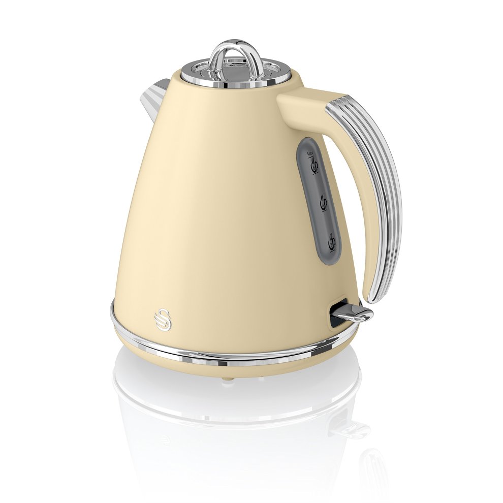 Cream-colored retro jug kettle with a sleek chrome handle, a round base, and a clear water level indicator, featuring a polished stainless steel lid.