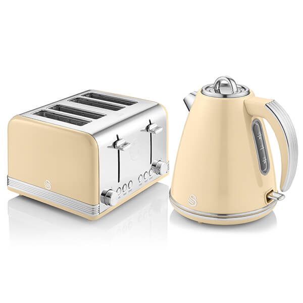 Cream-colored kettle and 4-slice toaster set with chrome accents, featuring a sleek design and easy-to-use controls, perfect for a retro kitchen aesthetic.
